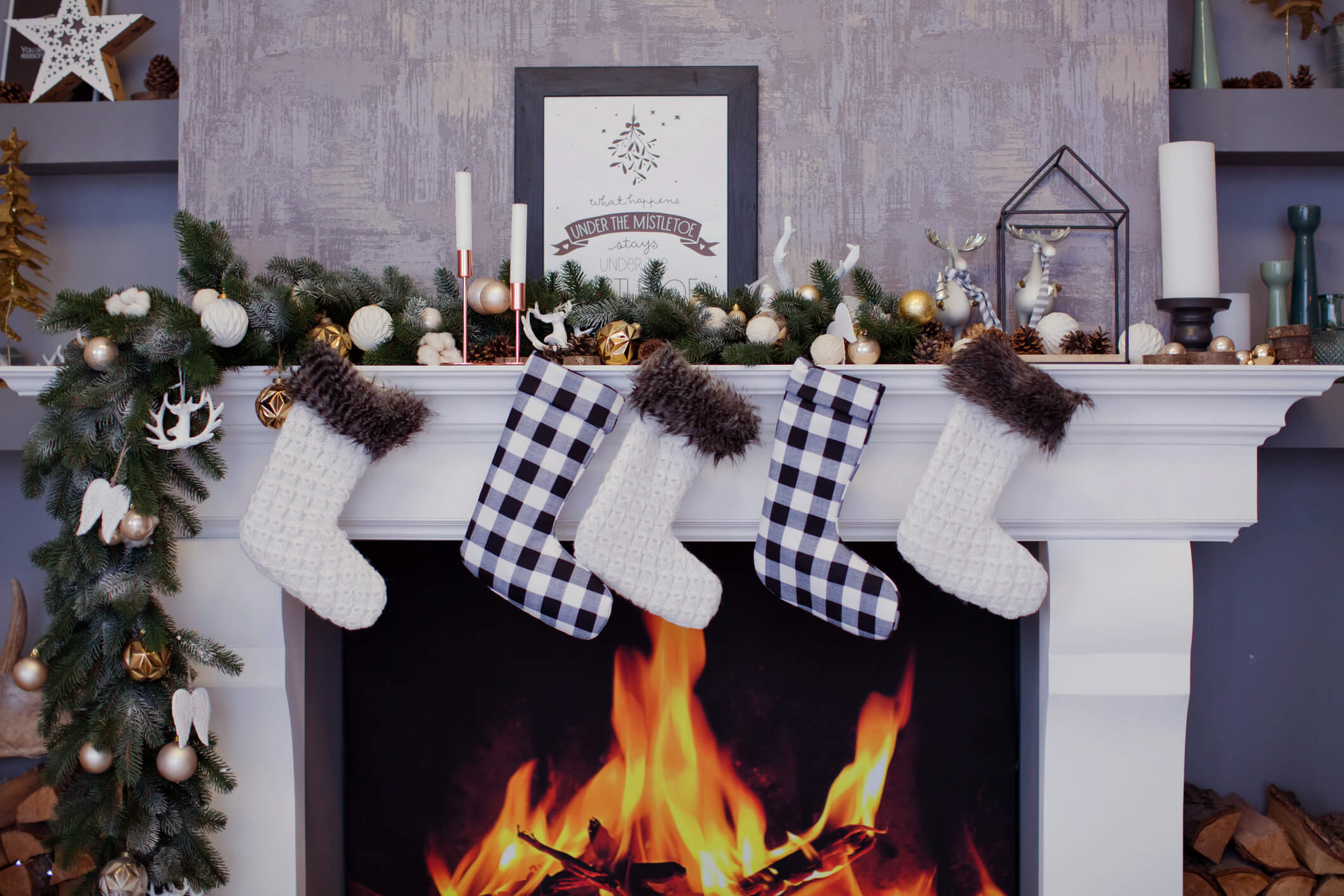 holiday decorations over fireplace