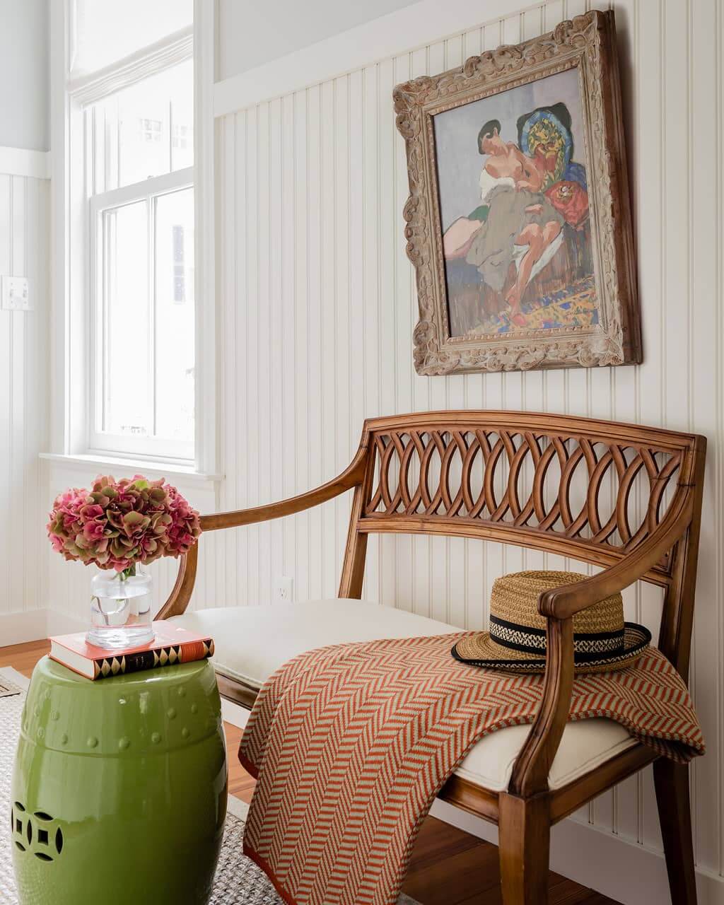 Concord Chic. Sitting room with white beadboard walls and antique bench. Interior design by LeBlanc Interior Design.