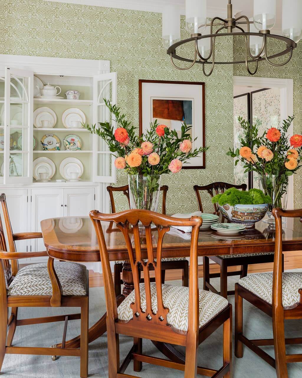 Concord Chic dining room with white china closet. Interior design by LeBlanc Interior Design.